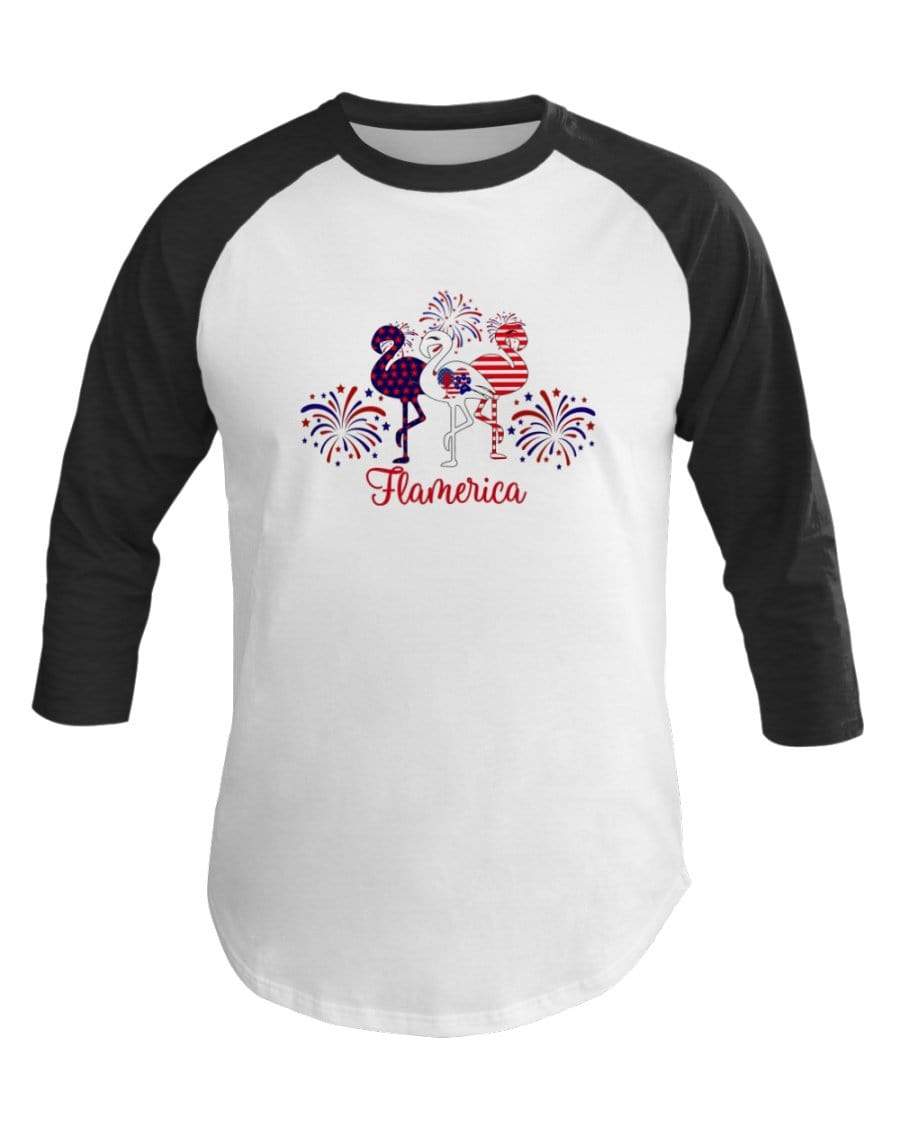 Shirts White/Hth Black / XS Winey Bitches Co " Flamerica" Patriotic Flamingo 3/4 Sleeve Raglan Shirt WineyBitchesCo