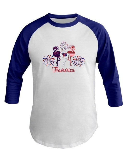 Shirts White/Lapis / XS Winey Bitches Co " Flamerica" Patriotic Flamingo 3/4 Sleeve Raglan Shirt WineyBitchesCo