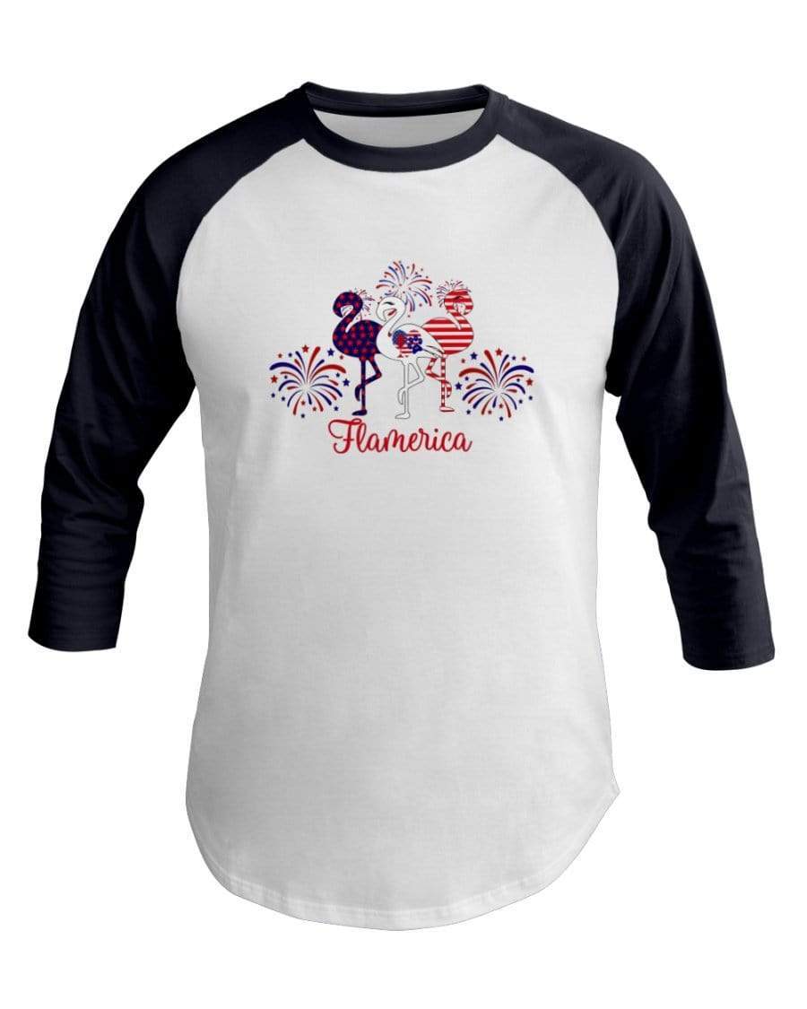 Shirts White/Navy / XS Winey Bitches Co " Flamerica" Patriotic Flamingo 3/4 Sleeve Raglan Shirt WineyBitchesCo