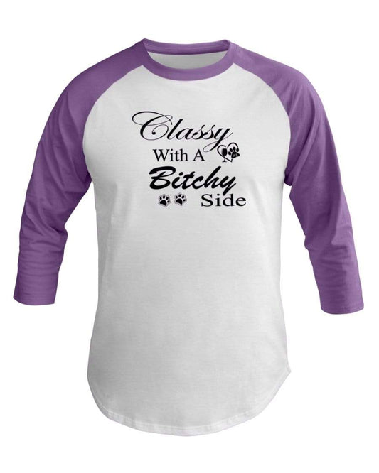 Shirts White/Orchid / XS Winey Bitches Co "Classy with a Bitchy Side" White Letters 3/4 Sleeve Raglan Shirt WineyBitchesCo