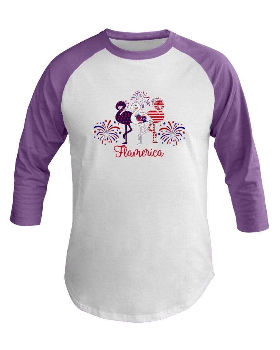 Shirts White/Orchid / XS Winey Bitches Co " Flamerica" Patriotic Flamingo 3/4 Sleeve Raglan Shirt WineyBitchesCo