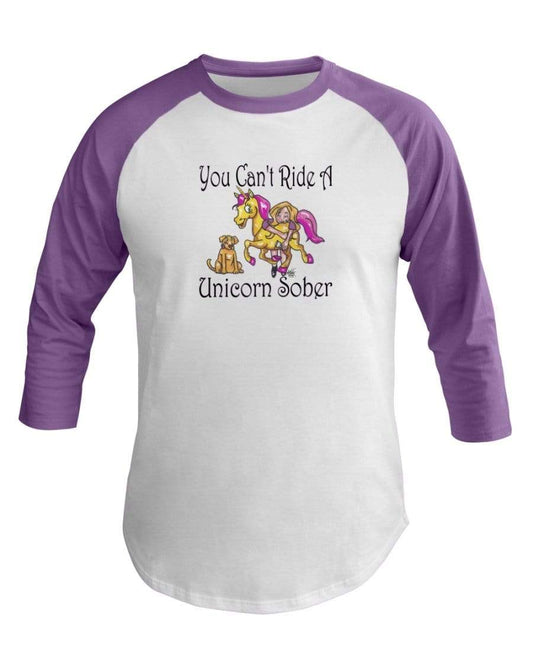 Shirts White/Orchid / XS Winey Bitches Co "You Can't Ride A Unicorn Sober" 3/4 Sleeve Raglan Shirt WineyBitchesCo