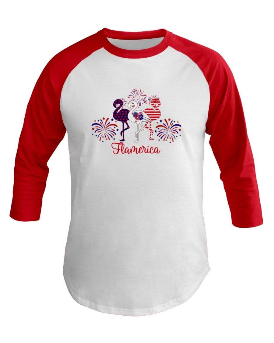 Shirts White/Red / XS Winey Bitches Co " Flamerica" Patriotic Flamingo 3/4 Sleeve Raglan Shirt WineyBitchesCo