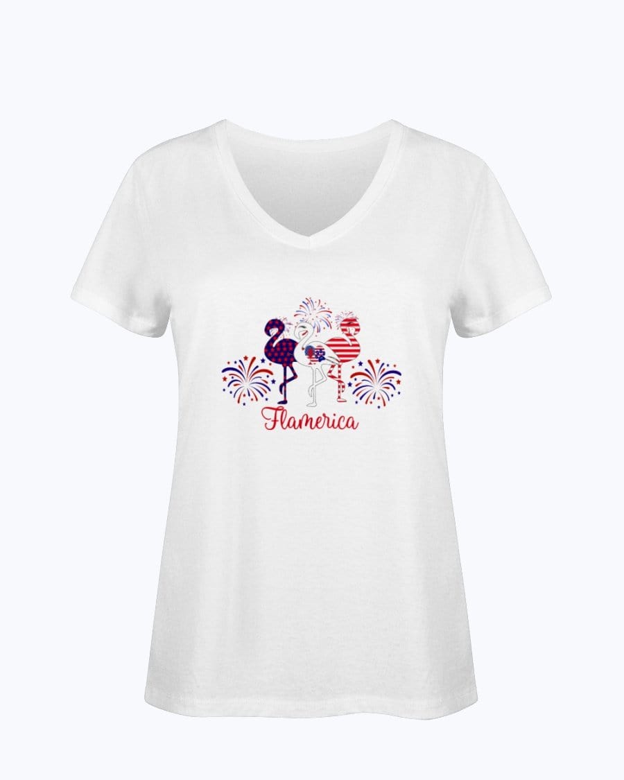 Shirts White / S Winey Bitches Co " Flamerica" Patriotic Flamingo Ladies HD V Neck T WineyBitchesCo