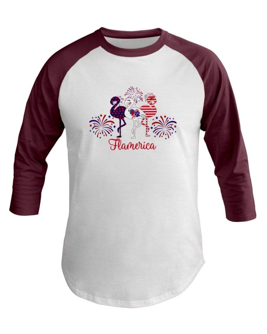 Shirts White/Truffle / XS Winey Bitches Co " Flamerica" Patriotic Flamingo 3/4 Sleeve Raglan Shirt WineyBitchesCo