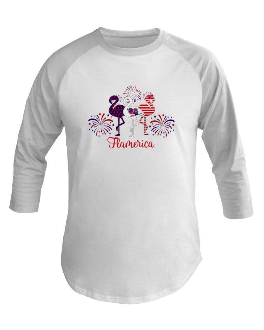 Shirts White / XS Winey Bitches Co " Flamerica" Patriotic Flamingo 3/4 Sleeve Raglan Shirt WineyBitchesCo