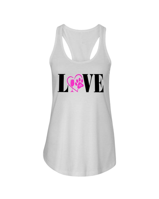 Shirts White / XS Winey Bitches Co "Love" Blk Letters Ladies Racerback Tank Top* WineyBitchesCo