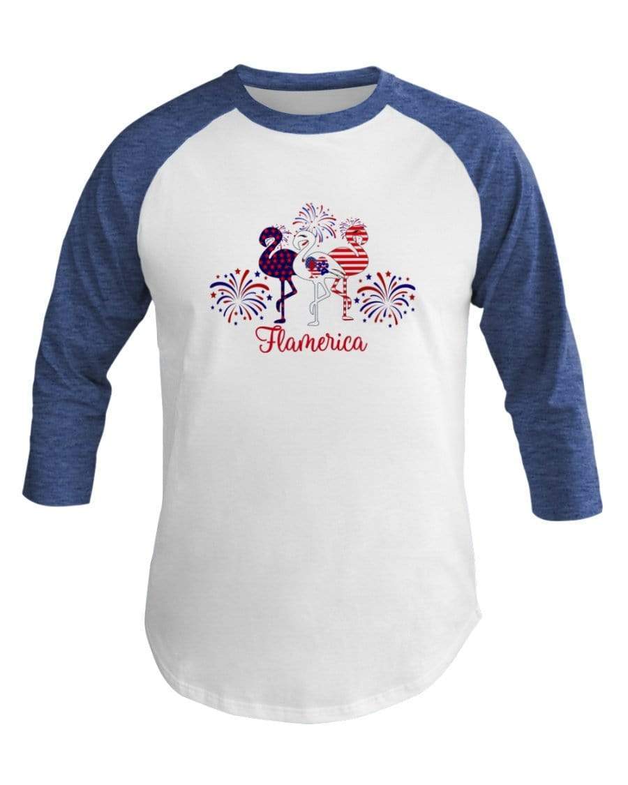 Shirts Wht/Hth Lke Blu / XS Winey Bitches Co " Flamerica" Patriotic Flamingo 3/4 Sleeve Raglan Shirt WineyBitchesCo