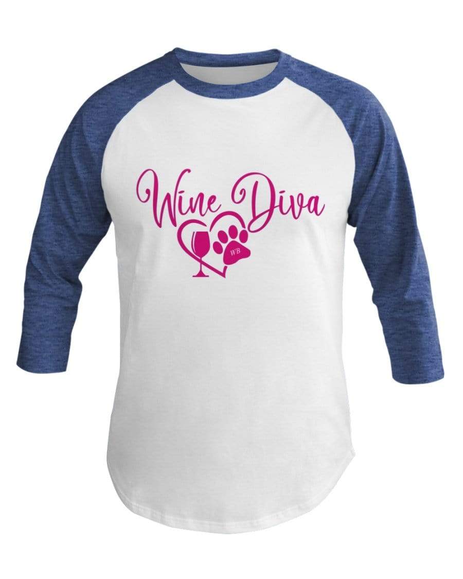 Shirts Wht/Hth Lke Blu / XS Winey Bitches Co "Wine Diva 2" 3/4 Sleeve Raglan Shirt WineyBitchesCo