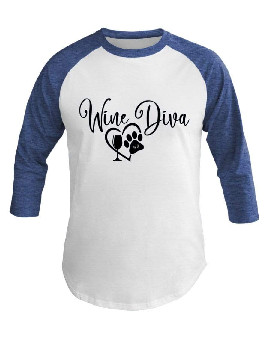 Shirts Wht/Hth Lke Blu / XS Winey Bitches Co "Wine Diva 2" 3/4 Sleeve Raglan Shirt WineyBitchesCo