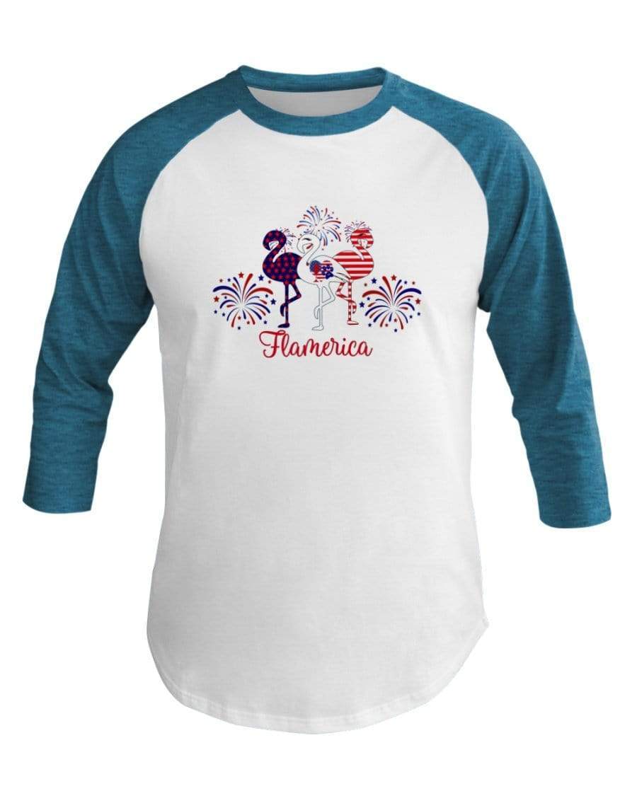 Shirts Wht/Neo Htr Blu / XS Winey Bitches Co " Flamerica" Patriotic Flamingo 3/4 Sleeve Raglan Shirt WineyBitchesCo