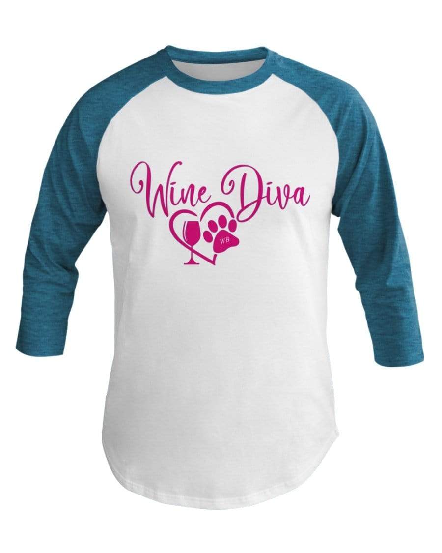 Shirts Wht/Neo Htr Blu / XS Winey Bitches Co "Wine Diva 2" 3/4 Sleeve Raglan Shirt WineyBitchesCo