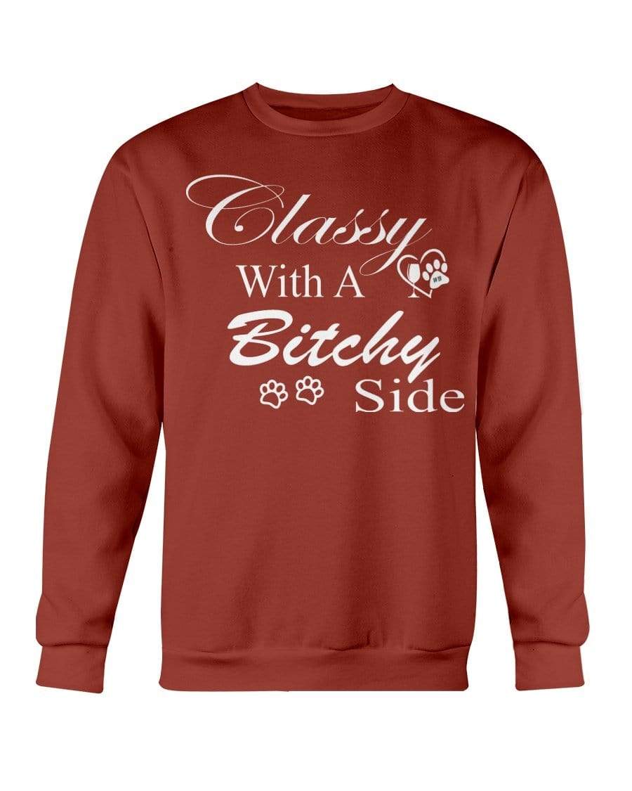Sweatshirts Antque Cherry Red / S Winey Bitches Co "Classy with a Bitchy Side" White Letters Sweatshirt - Crew WineyBitchesCo