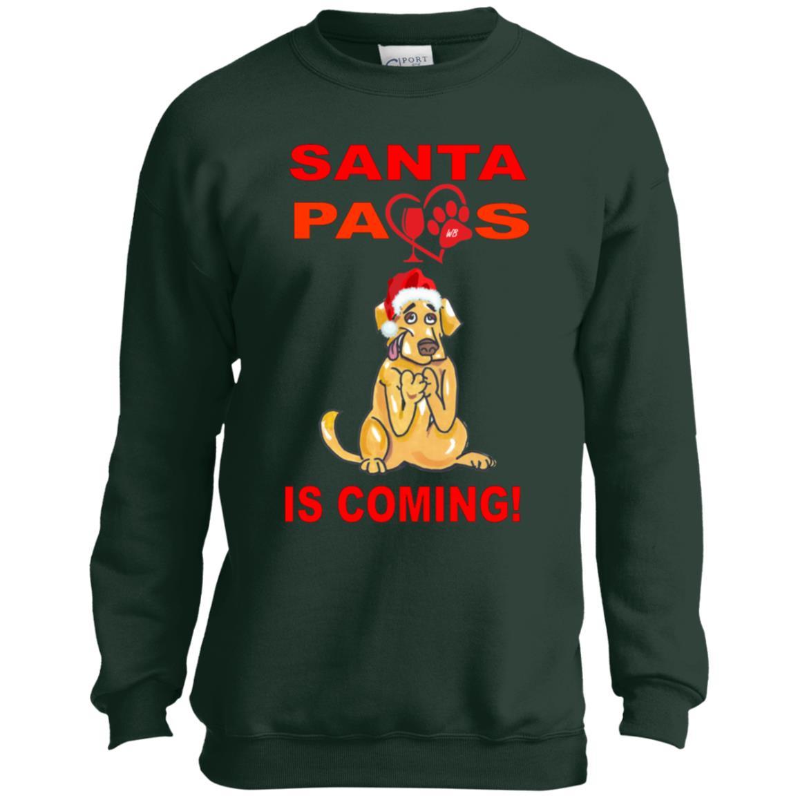 Sweatshirts Dark Green / YXS WineyBitches.co Santa Paws Is Coming Youth Crewneck Sweatshirt WineyBitchesCo