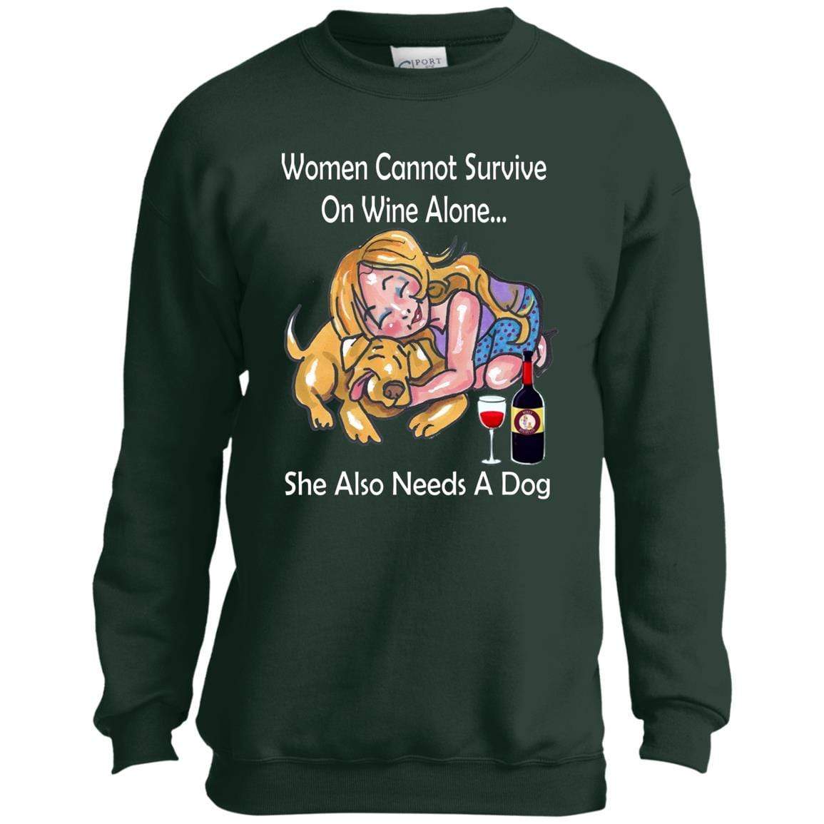 Sweatshirts Dark Green / YXS WineyBitches.co "Women Cannot Survive On Wine Alone... " -White Lettering- Youth Crewneck Sweatshirt WineyBitchesCo