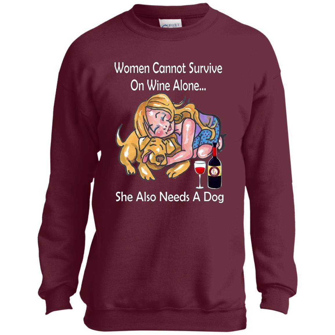 Sweatshirts Maroon / YXS WineyBitches.co "Women Cannot Survive On Wine Alone... " -White Lettering- Youth Crewneck Sweatshirt WineyBitchesCo