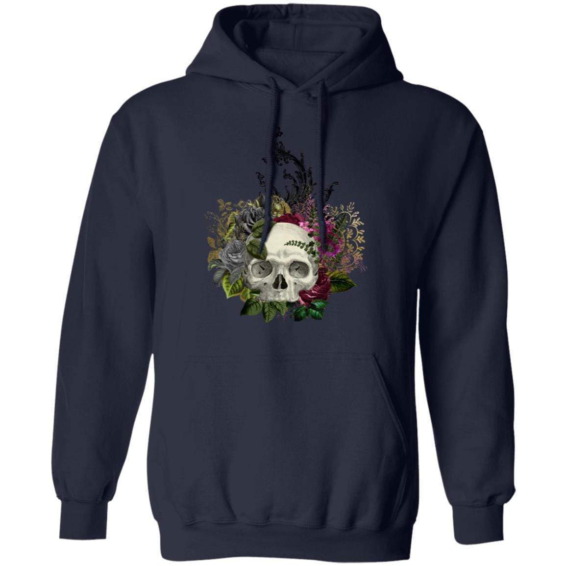 Sweatshirts Navy / S Winey Bitches Co Floral Skull Design #1 Pullover Hoodie 8 oz. WineyBitchesCo