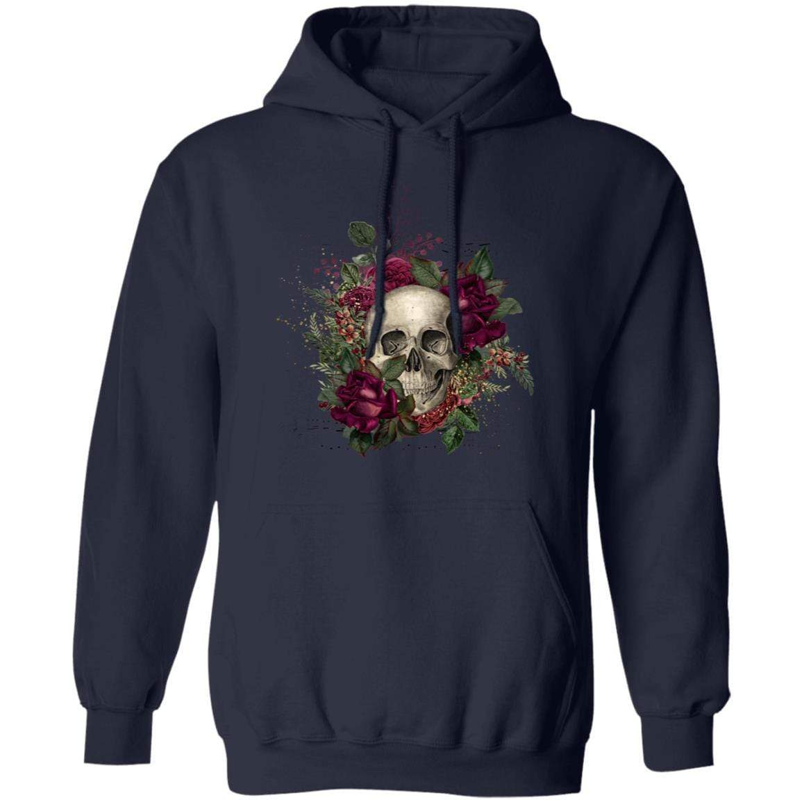 Sweatshirts Navy / S Winey Bitches Co Floral Skull Design #2 Pullover Hoodie 8 oz. WineyBitchesCo
