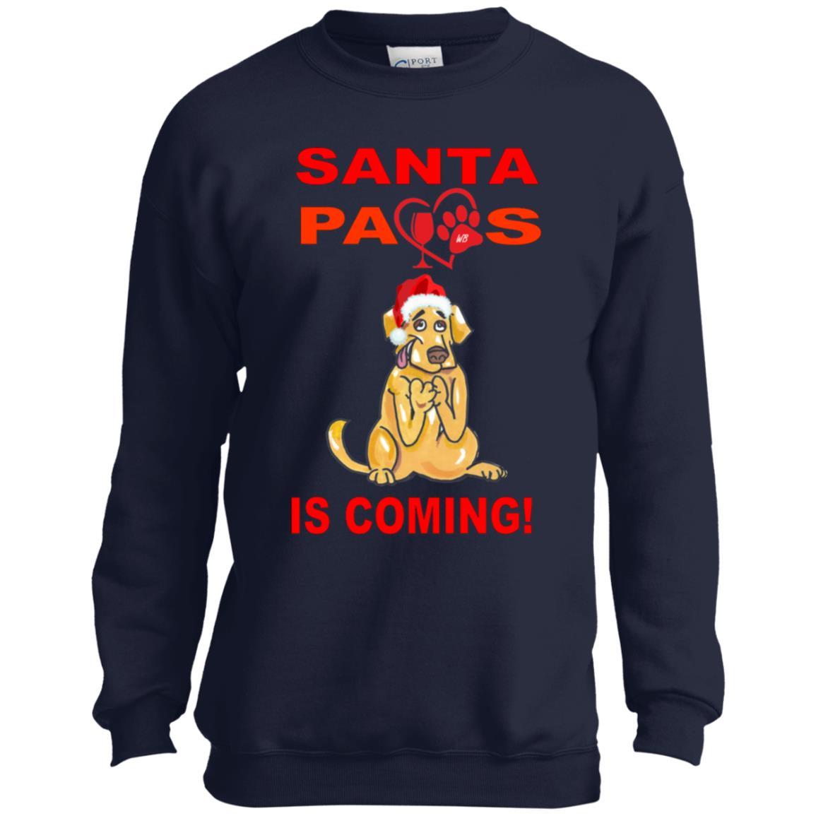 Sweatshirts Navy / YXS WineyBitches.co Santa Paws Is Coming Youth Crewneck Sweatshirt WineyBitchesCo