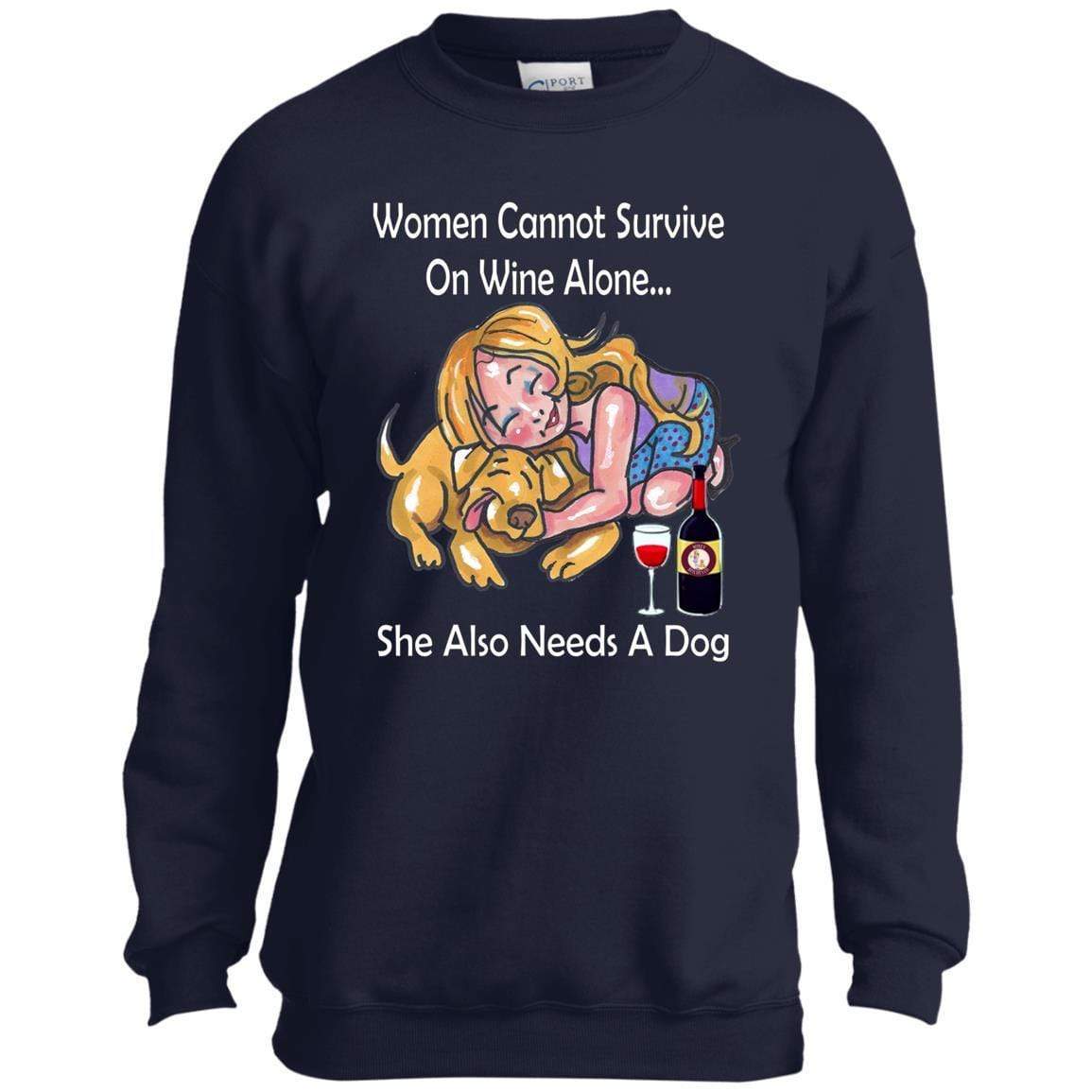 Sweatshirts Navy / YXS WineyBitches.co "Women Cannot Survive On Wine Alone... " -White Lettering- Youth Crewneck Sweatshirt WineyBitchesCo