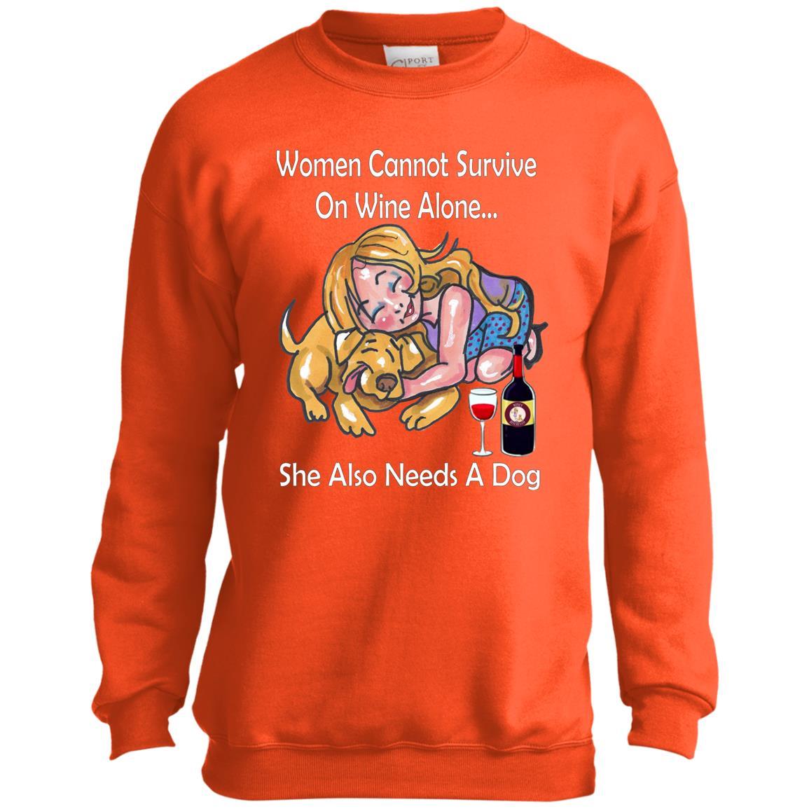 Sweatshirts Orange / YXS WineyBitches.co "Women Cannot Survive On Wine Alone... " -White Lettering- Youth Crewneck Sweatshirt WineyBitchesCo