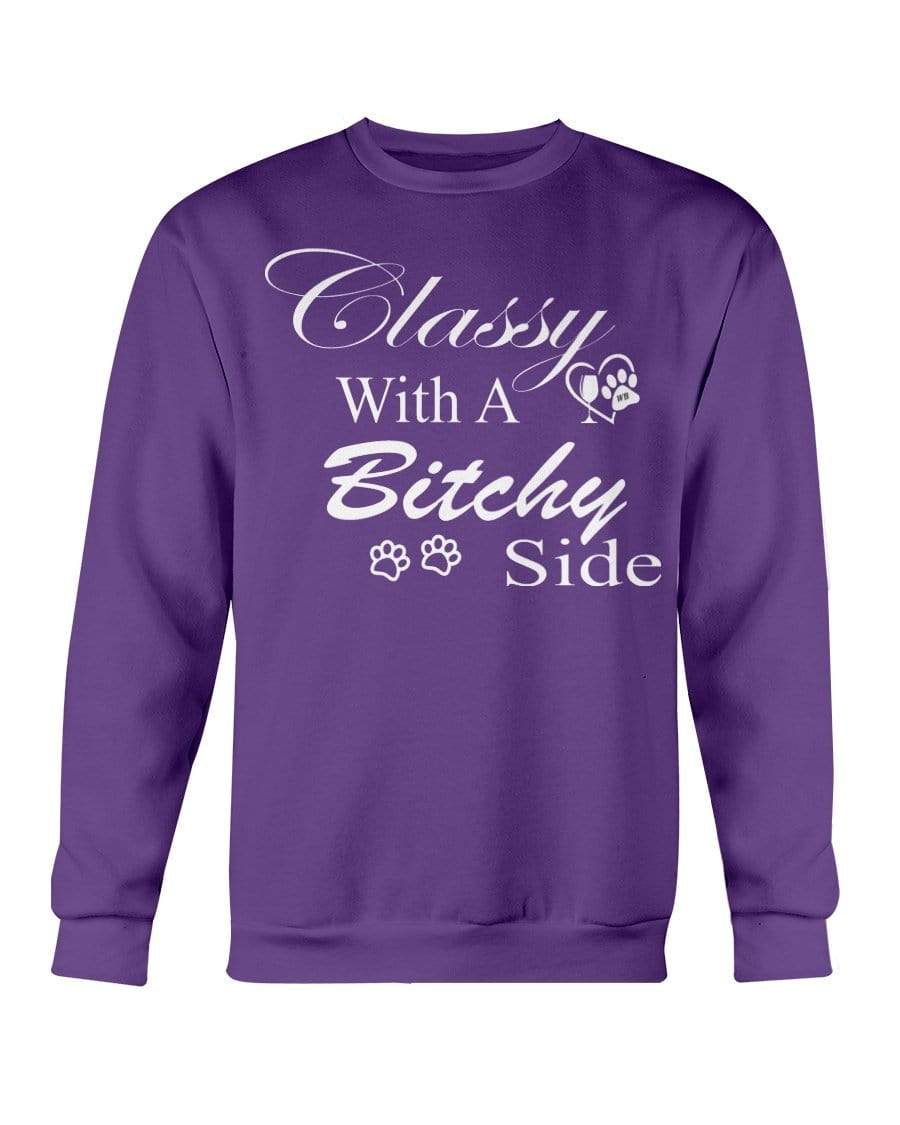 Sweatshirts Purple / S Winey Bitches Co "Classy with a Bitchy Side" White Letters Sweatshirt - Crew WineyBitchesCo