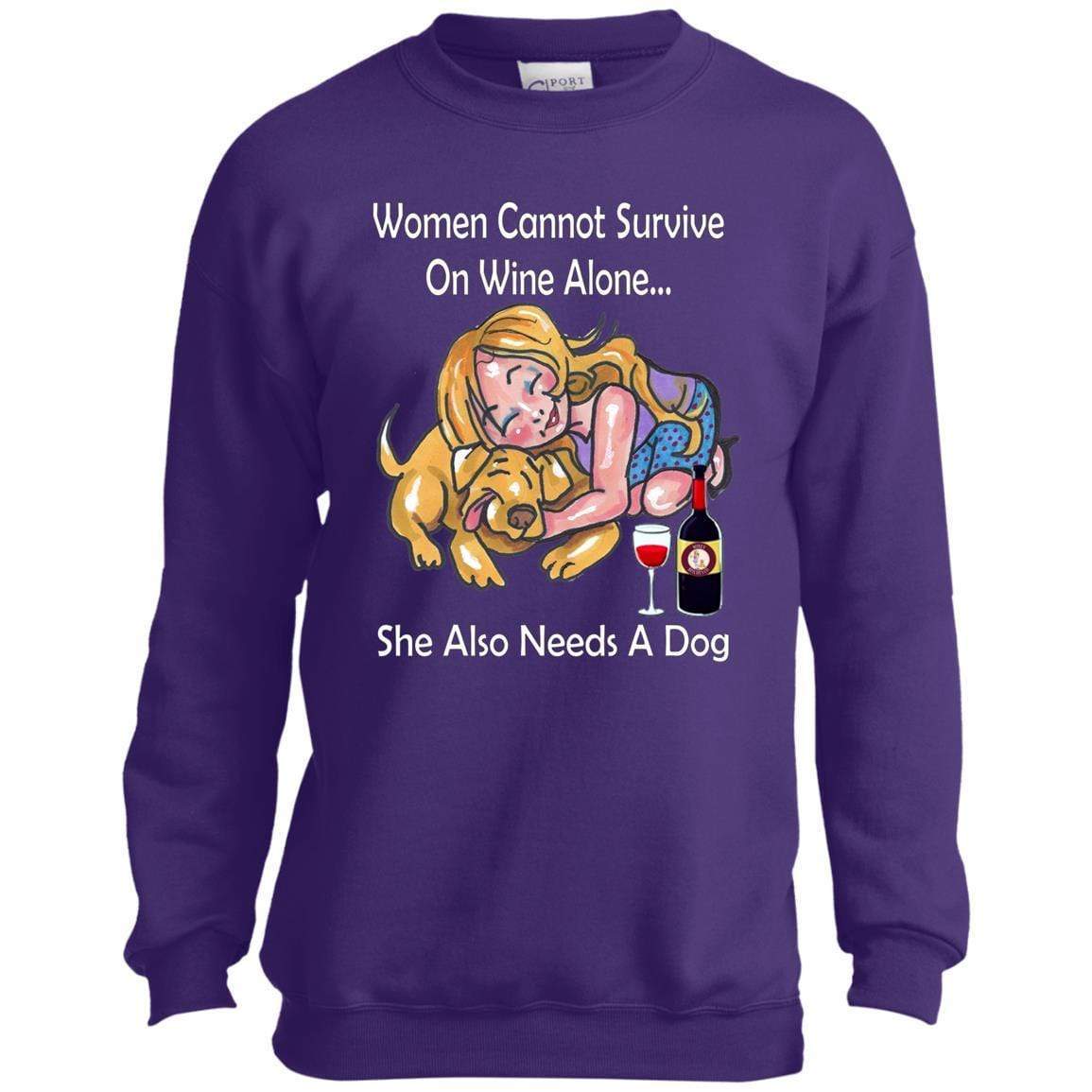 Sweatshirts Purple / YXS WineyBitches.co "Women Cannot Survive On Wine Alone... " -White Lettering- Youth Crewneck Sweatshirt WineyBitchesCo