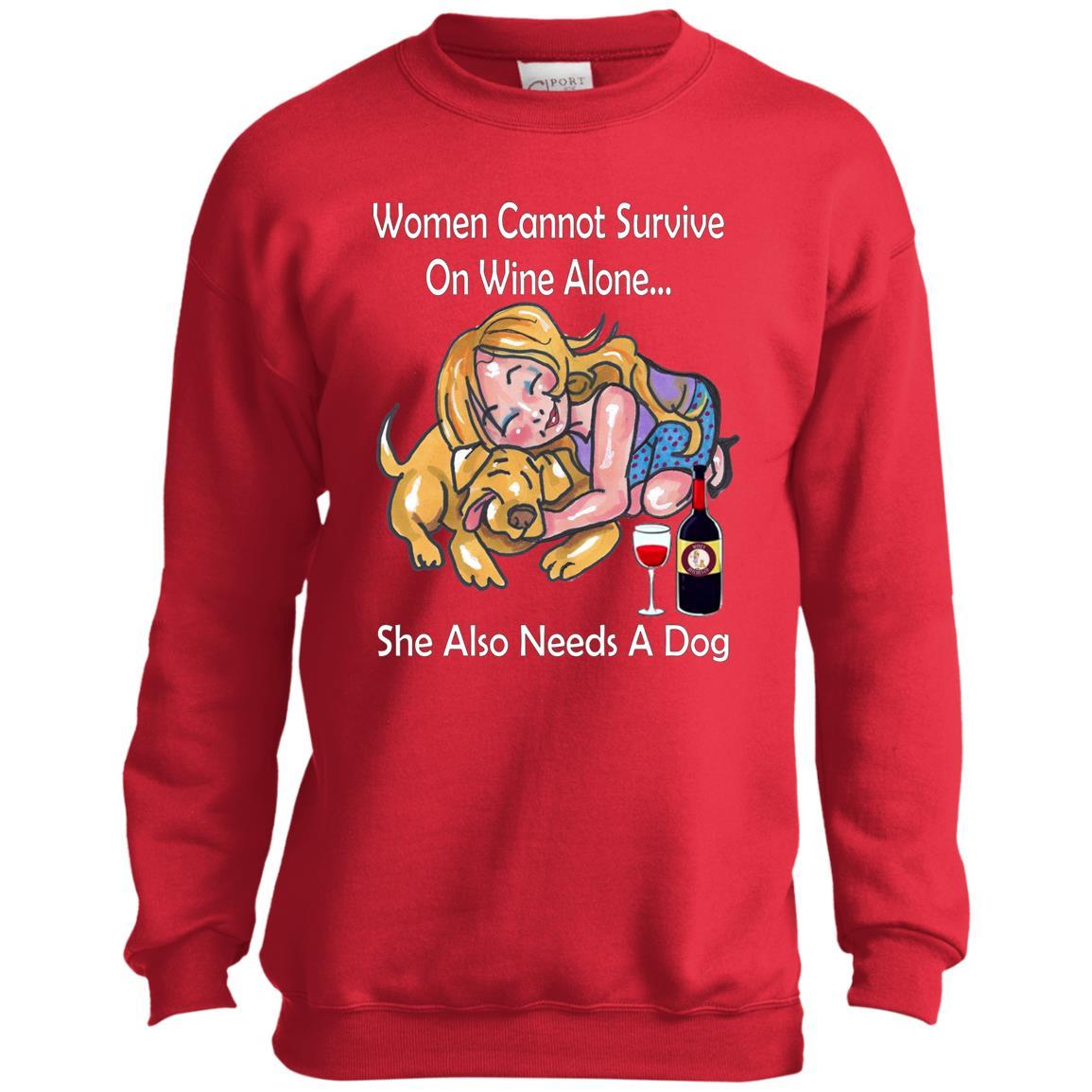 Sweatshirts Red / YXS WineyBitches.co "Women Cannot Survive On Wine Alone... " -White Lettering- Youth Crewneck Sweatshirt WineyBitchesCo