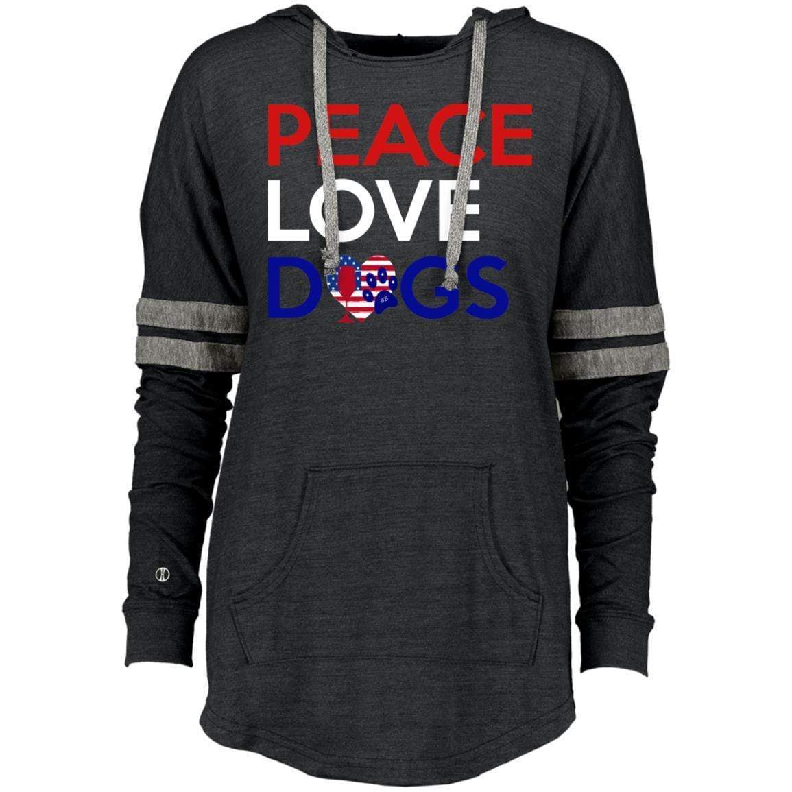 Sweatshirts Vintage Black/Vintage Grey / X-Small WineyBitches.Co Peace Love Dogs Ladies Hooded Low Key Pullover WineyBitchesCo