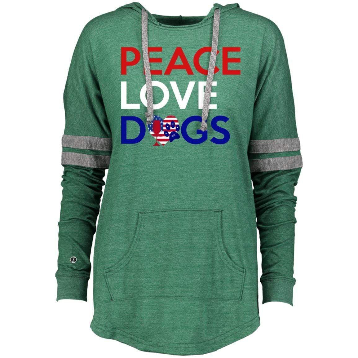 Sweatshirts Vintage Forest/Vintage Grey / X-Small WineyBitches.Co Peace Love Dogs Ladies Hooded Low Key Pullover WineyBitchesCo