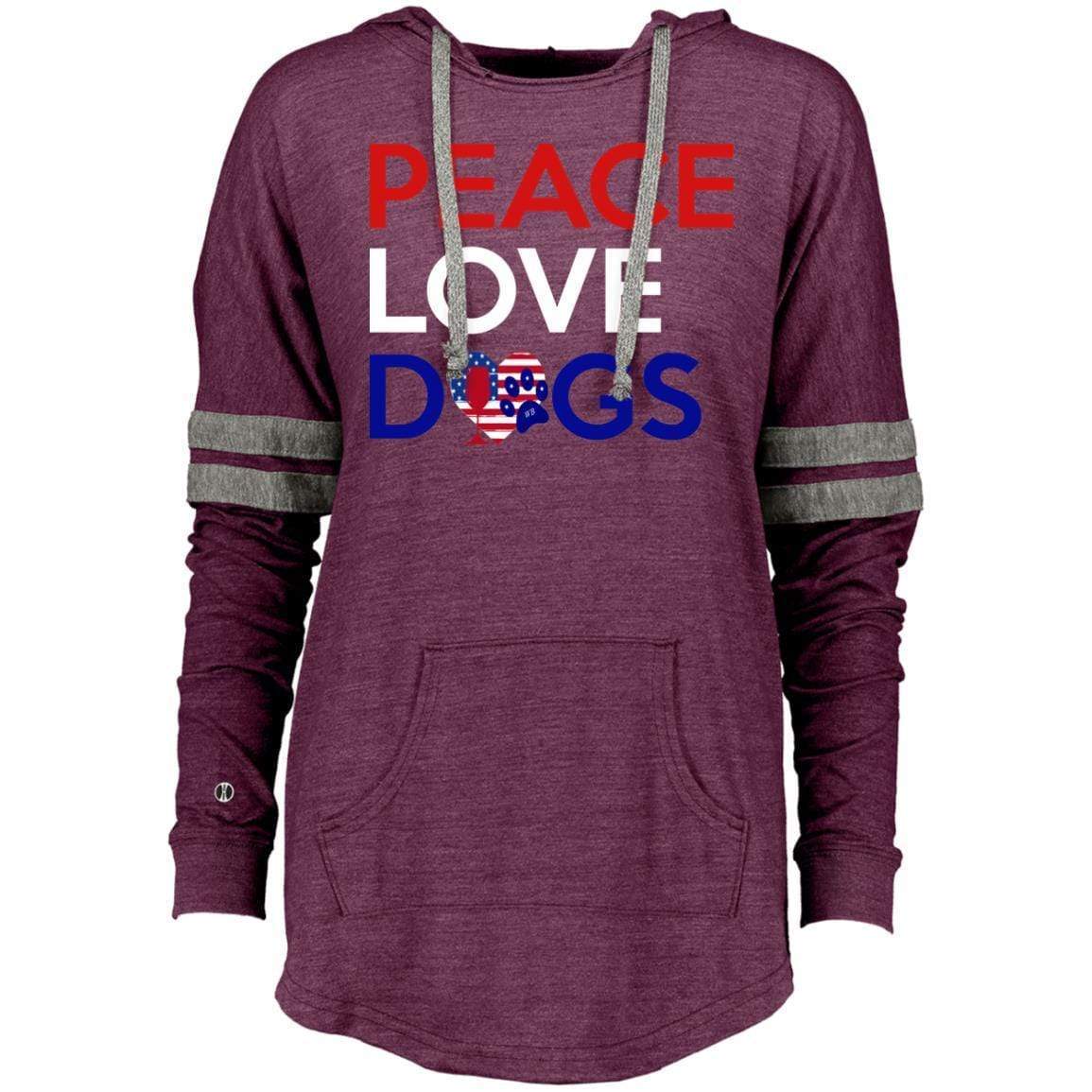 Sweatshirts Vintage Maroon/Vintage Grey / X-Small WineyBitches.Co Peace Love Dogs Ladies Hooded Low Key Pullover WineyBitchesCo