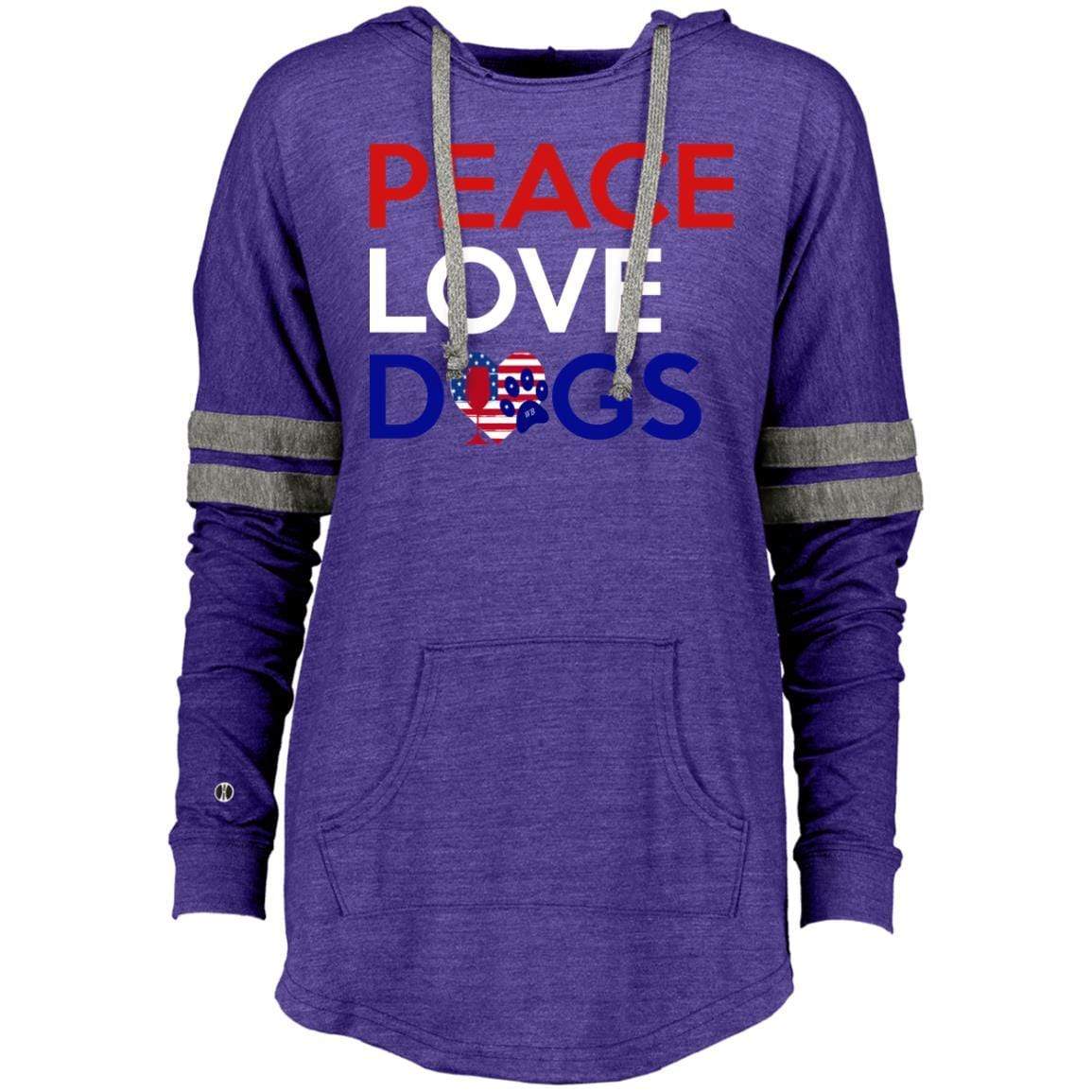 Sweatshirts Vintage Purple/Vintage Grey / X-Small WineyBitches.Co Peace Love Dogs Ladies Hooded Low Key Pullover WineyBitchesCo
