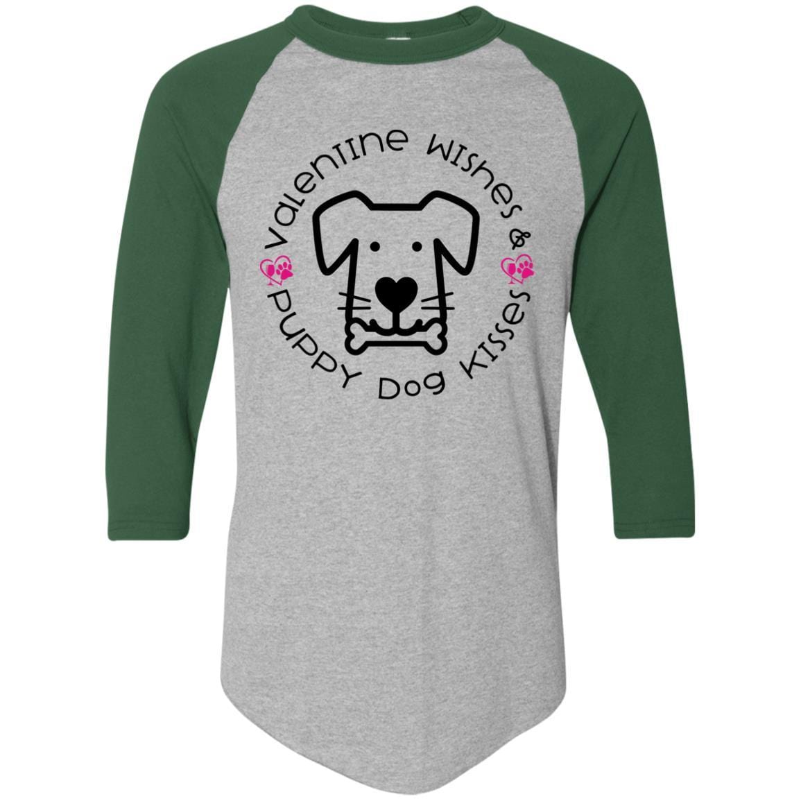 T-Shirts Athletic Heather/Dark Green / S Winey Bitches Co 'Valentine Wishes and Puppy Dog Kisses" (Dog) Colorblock Raglan Jersey WineyBitchesCo
