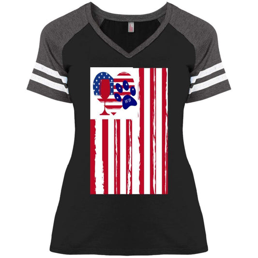 T-Shirts Black/Heathered Charcoal / X-Small WineyBitches.Co American Flag Wine Paw Heart Ladies' Game V-Neck T-Shirt WineyBitchesCo