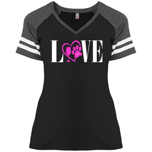 T-Shirts Black/Heathered Charcoal / X-Small WineyBitches.co "Love Paw" Collection -Wht Lettering Ladies' Game V-Neck T-Shirt WineyBitchesCo