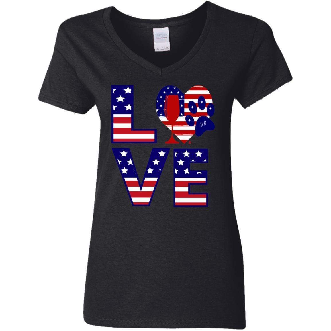T-Shirts Black / S Winey Bitches Co "American Love Paw" Ladies' 5.3 oz. V-Neck T-Shirt WineyBitchesCo