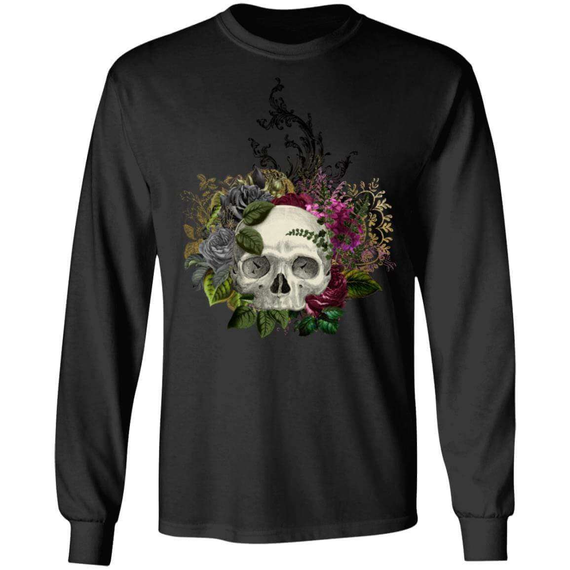 T-Shirts Black / S Winey Bitches Co Floral Skull Design #1 LS Ultra Cotton T-Shirt WineyBitchesCo