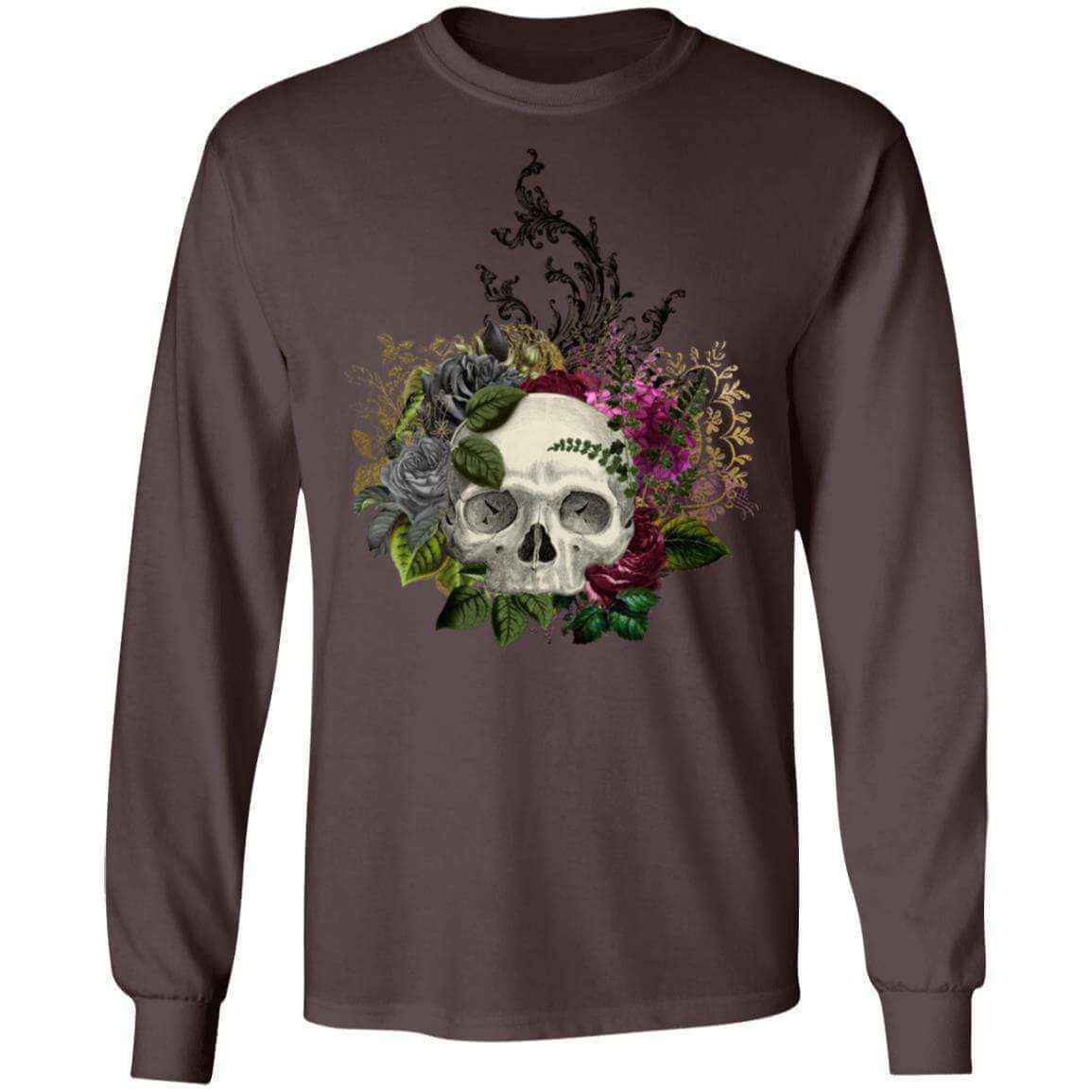 T-Shirts Dark Chocolate / S Winey Bitches Co Floral Skull Design #1 LS Ultra Cotton T-Shirt WineyBitchesCo