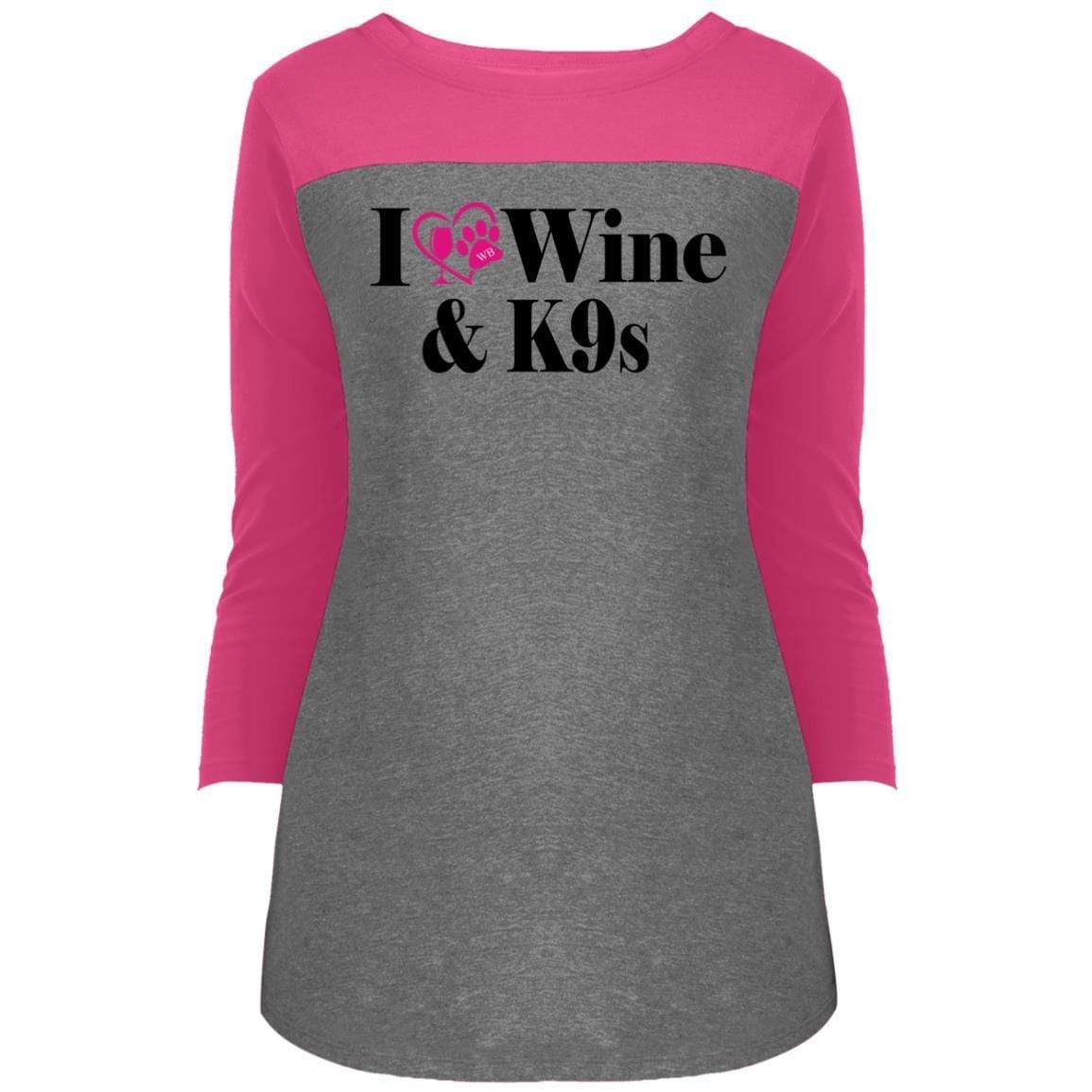 T-Shirts Dark Fuchsia/Grey Frost / X-Small WineyBitches.Co "I Love Wine and K9s" Juniors' Rally 3/4 Sleeve T-Shirt WineyBitchesCo