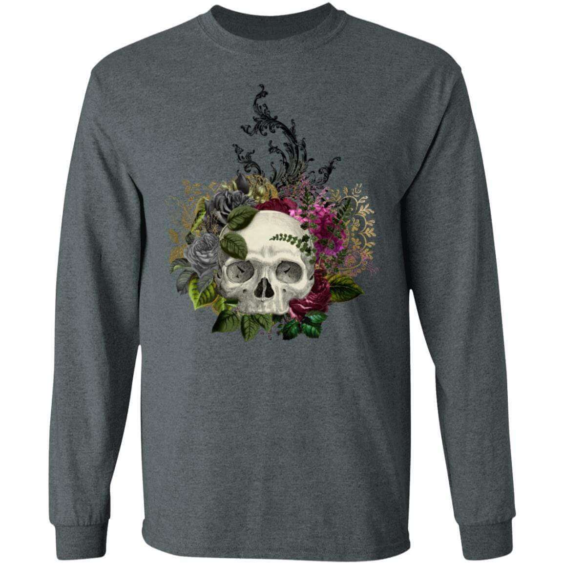 T-Shirts Dark Heather / S Winey Bitches Co Floral Skull Design #1 LS Ultra Cotton T-Shirt WineyBitchesCo