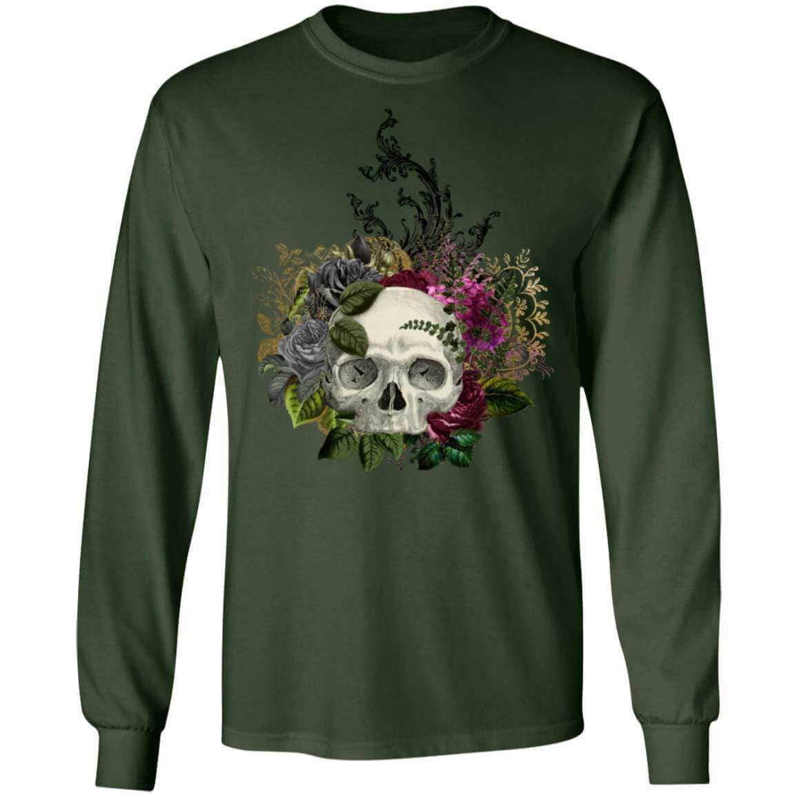 T-Shirts Forest Green / S Winey Bitches Co Floral Skull Design #1 LS Ultra Cotton T-Shirt WineyBitchesCo