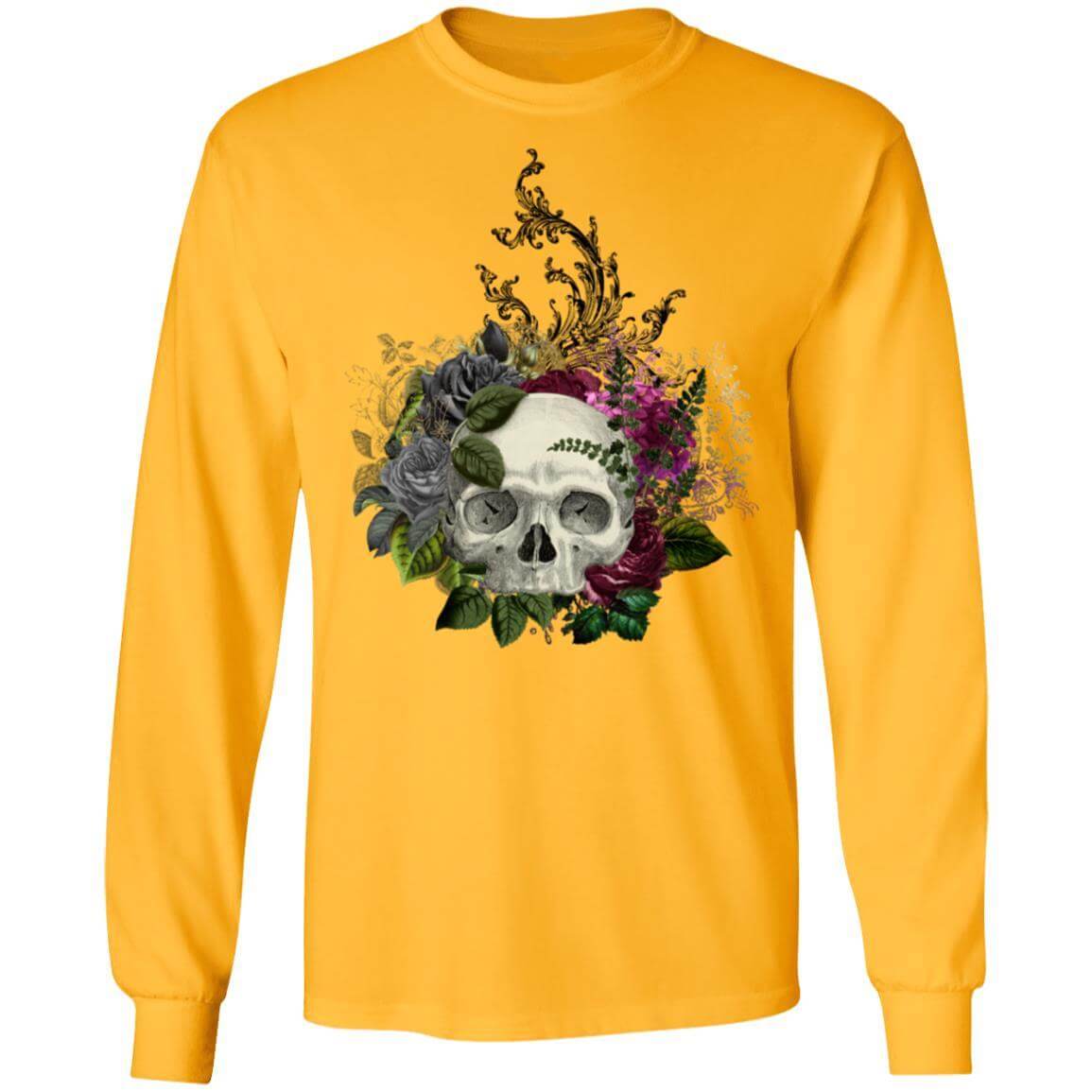 T-Shirts Gold / S Winey Bitches Co Floral Skull Design #1 LS Ultra Cotton T-Shirt WineyBitchesCo