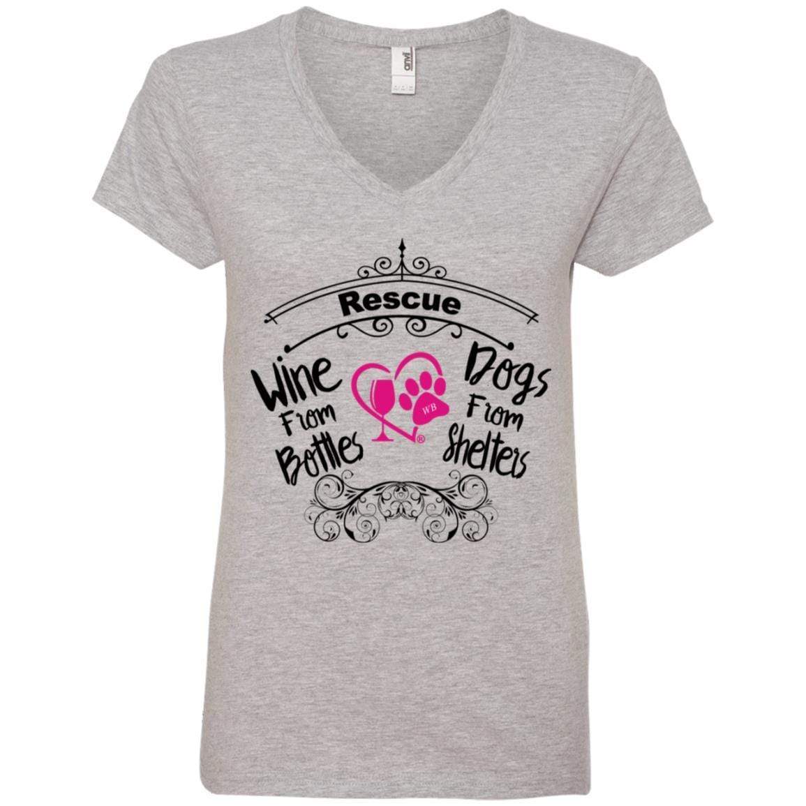 T-Shirts Heather Grey / S Winey Bitches Co "I Rescue Wine From Bottles & Dog From Shelters" Ladies' V-Neck T-Shirt WineyBitchesCo