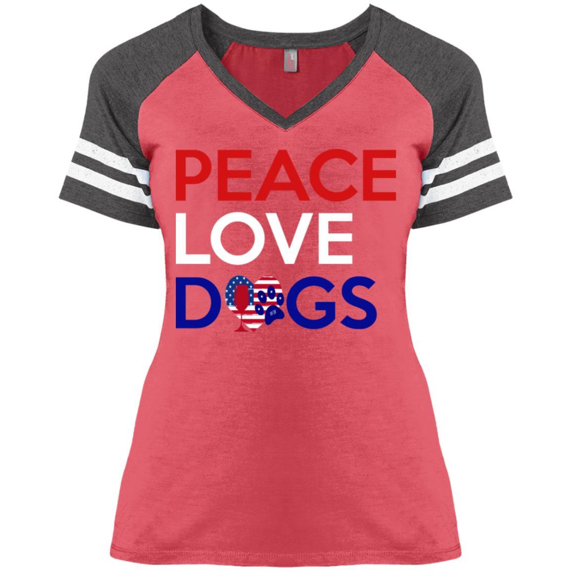 T-Shirts Heather Red/Heathered Charcoal / X-Small WineyBitches.Co Peace Love Dogs Ladies' Game V-Neck T-Shirt WineyBitchesCo