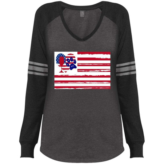T-Shirts Heathered Charcoal/Black / X-Small WineyBitches.Co American Flag Wine Paw Heart (Horz) Ladies' Game LS V-Neck T-Shirt WineyBitchesCo