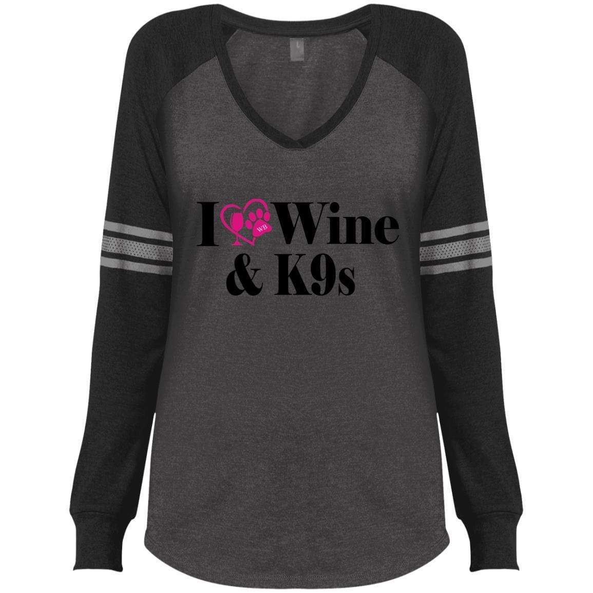 T-Shirts Heathered Charcoal/Black / X-Small WineyBitches.Co "I Love Wine and K9s" Ladies' Game LS V-Neck T-Shirt WineyBitchesCo