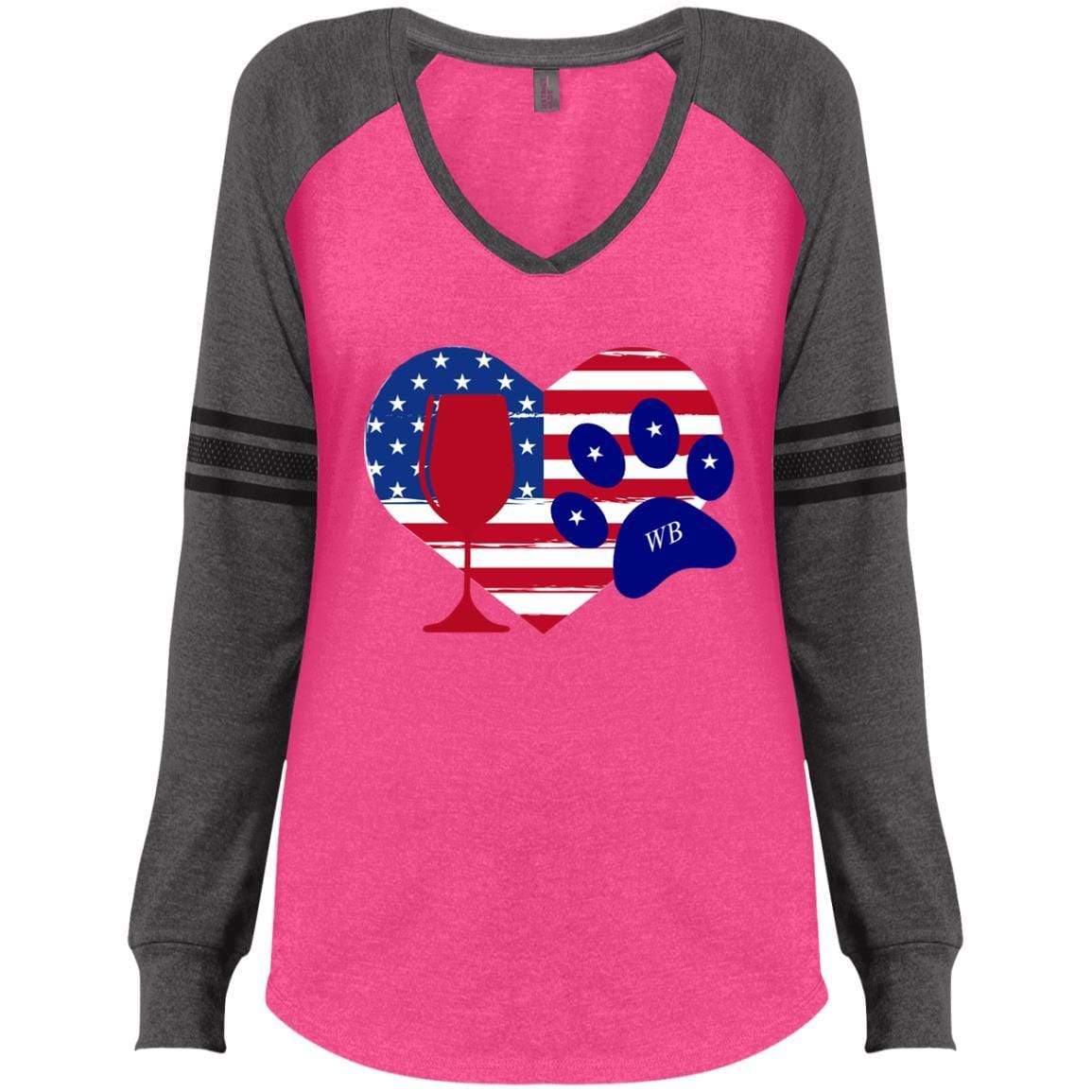 T-Shirts Heathered Dark Fuchsia/Heathered Charcoal / X-Small WineyBitches.Co American Wine Paw Heart Ladies' Game LS V-Neck T-Shirt WineyBitchesCo