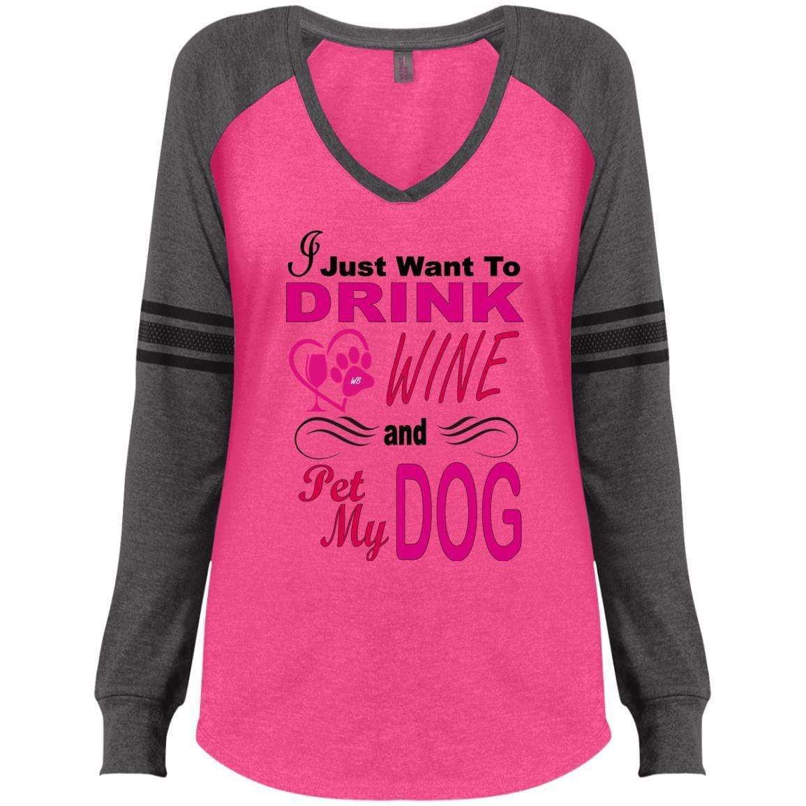 T-Shirts Heathered Dark Fuchsia/Heathered Charcoal / X-Small WineyBitches.co Hilariously Funny "I Just Want To Drink Wine & Pet My Dog" V-neck WineyBitchesCo