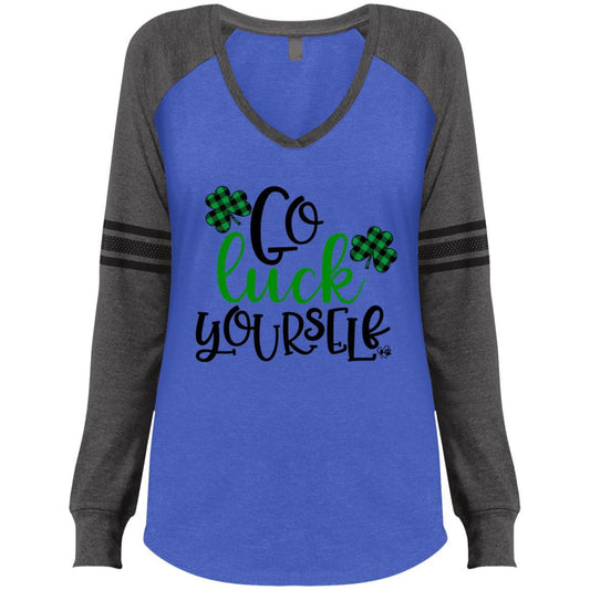 T-Shirts Heathered True Royal/Heathered Charcoal / X-Small Winey Bitches Co Ladies' Game LS V-Neck T-Shirt WineyBitchesCo