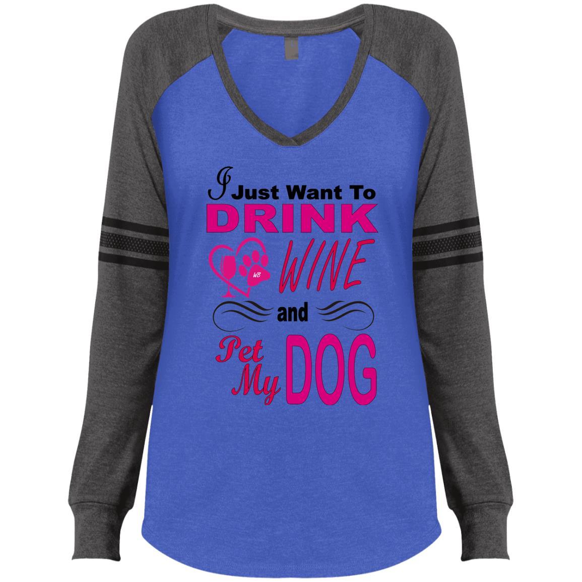 T-Shirts Heathered True Royal/Heathered Charcoal / X-Small WineyBitches.co Hilariously Funny "I Just Want To Drink Wine & Pet My Dog" V-neck WineyBitchesCo